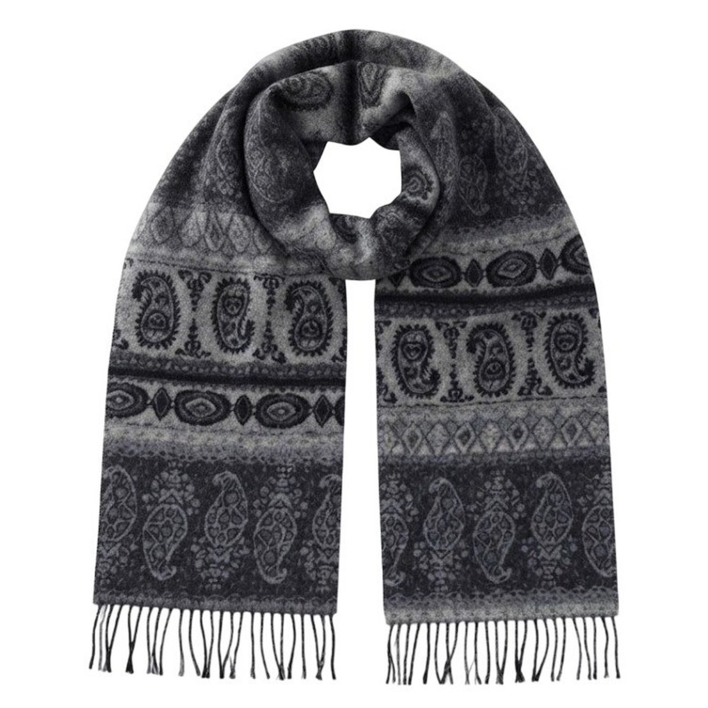 Cashmyarn by Berkshire Scarf Mens Womens Gray Black Paisley Fringe Winter Italy